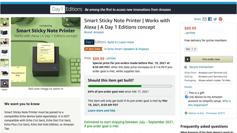 Amazon Smart Sticky Note Printer Pre-Order Page